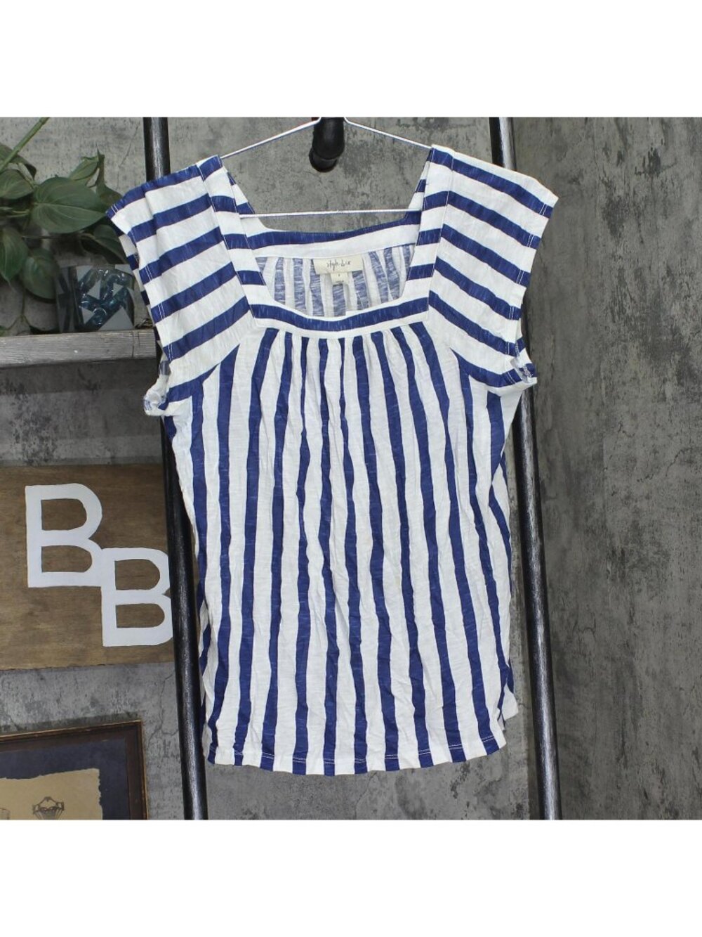 Style & Co. Square Neck Flutter Sleeve Striped Top 100148973MS Blue Stripe S